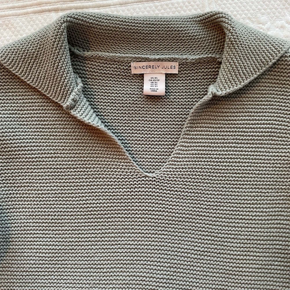 Sincerely Jules Long Sleeve Collar Crop Sweater Sage Green XS - Picture 3 of 10